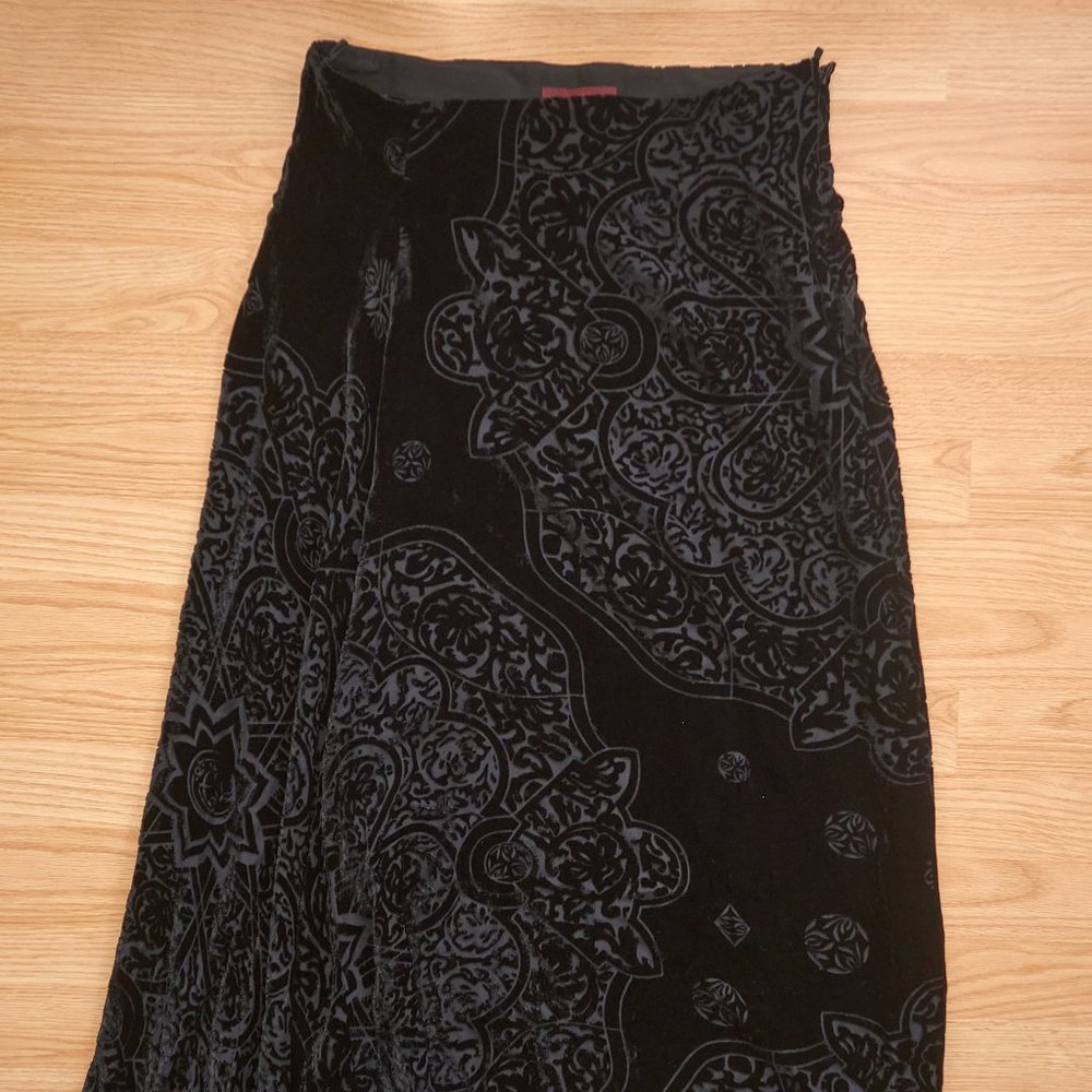 KENZO Black Pattern Velvet Silk Blend, Maxi Asymmetrical Hem Skirt, Size L